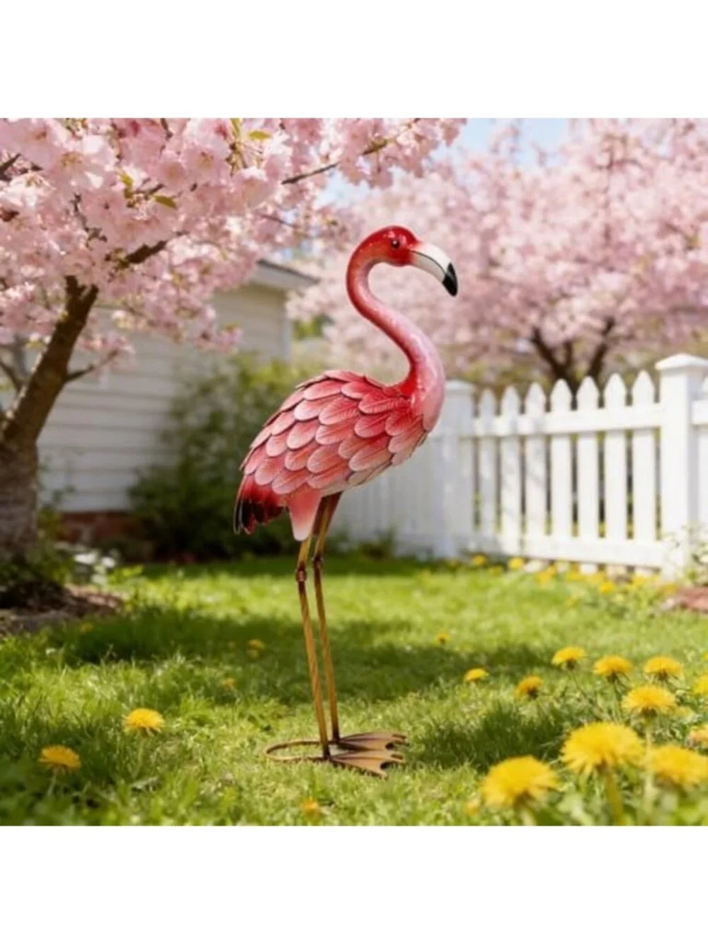 Pink Flamingo Garden Statue - Metal Yard Decor for Patio, Porch & Backyard